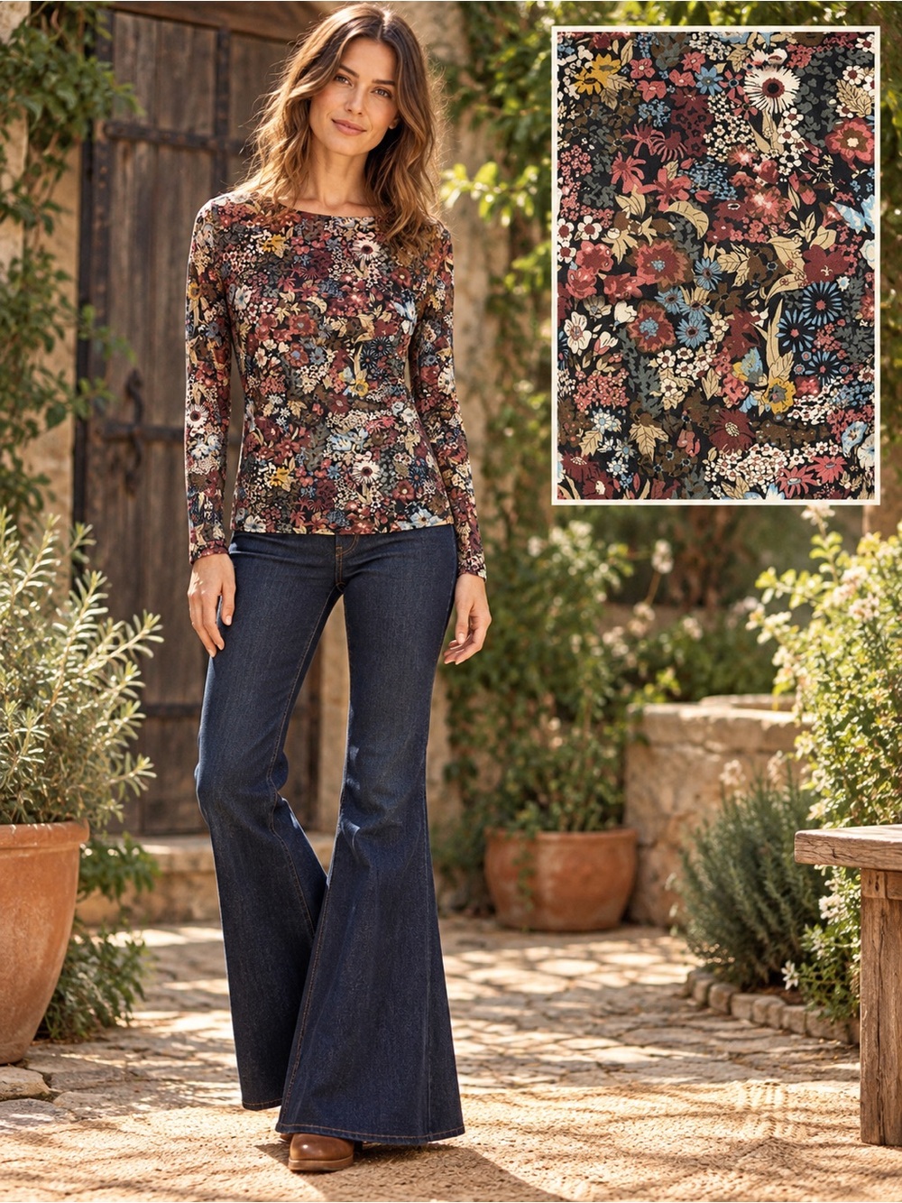 Charlie B Azalea Floral Fitted Long Sleeve Top Boho Black Multicolor Large NWT